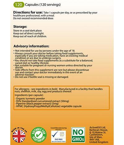 Active650 Turmeric 120 capsules nutritional information