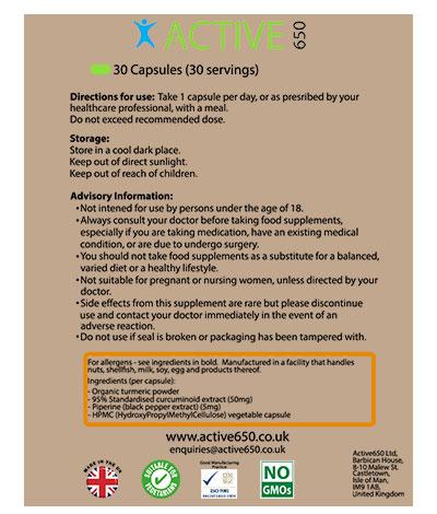Active650 Turmeric 30 capsules nutritional information